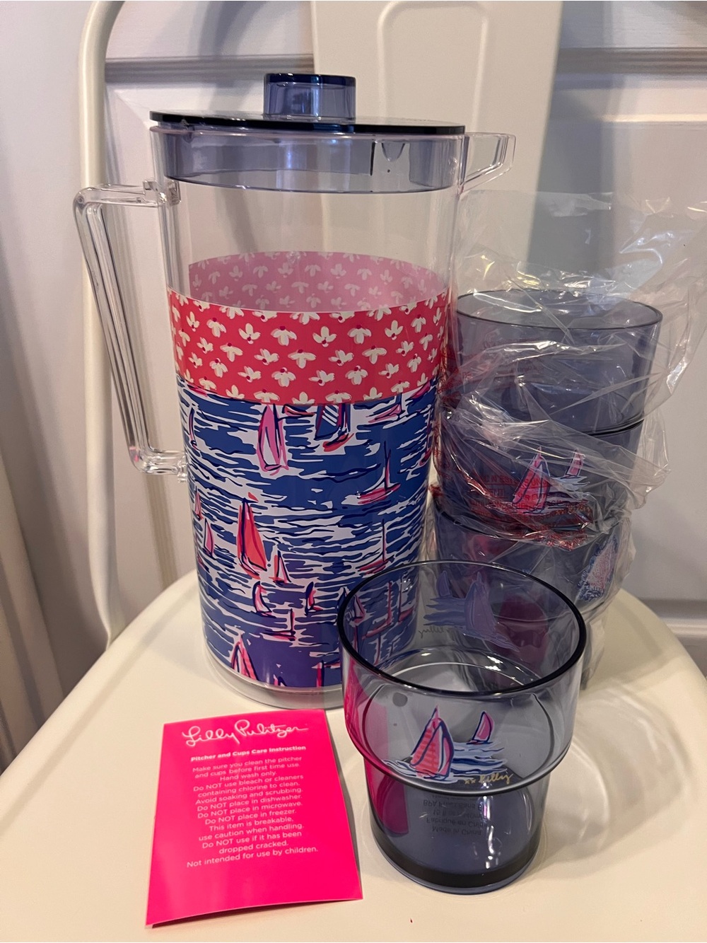 Lilly Pulitzer Blue and Pink Sailboat Pitcher with Matching Tumblers